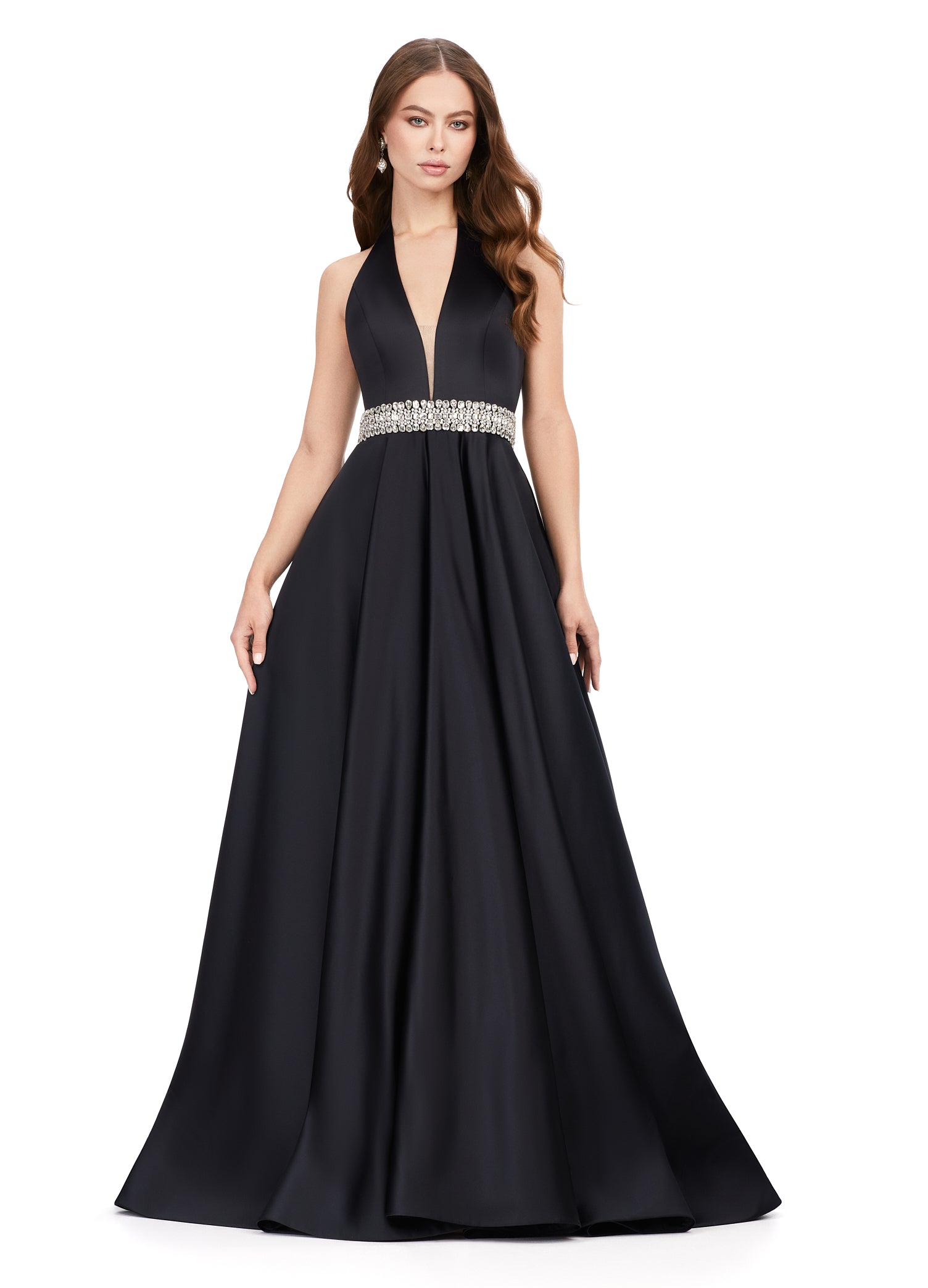 Strapless V Neck Beaded Black Satin Slim Prom Gown - Xdressy